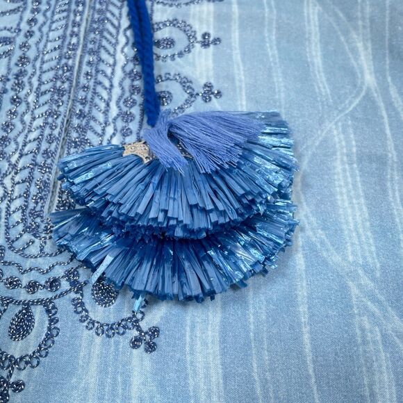 Bella Tu Dress Size Small Blue Tassels 3/4 Sleeves Resort Vacation Shift Coastal - Picture 5 of 9
